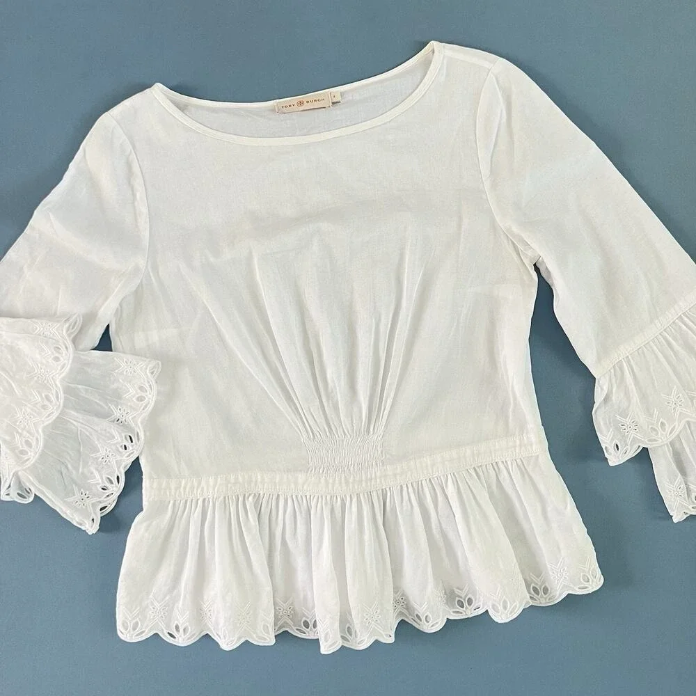 Tory Burch Scallop Hem Eyelet Ruffle White Cotton Blouse
